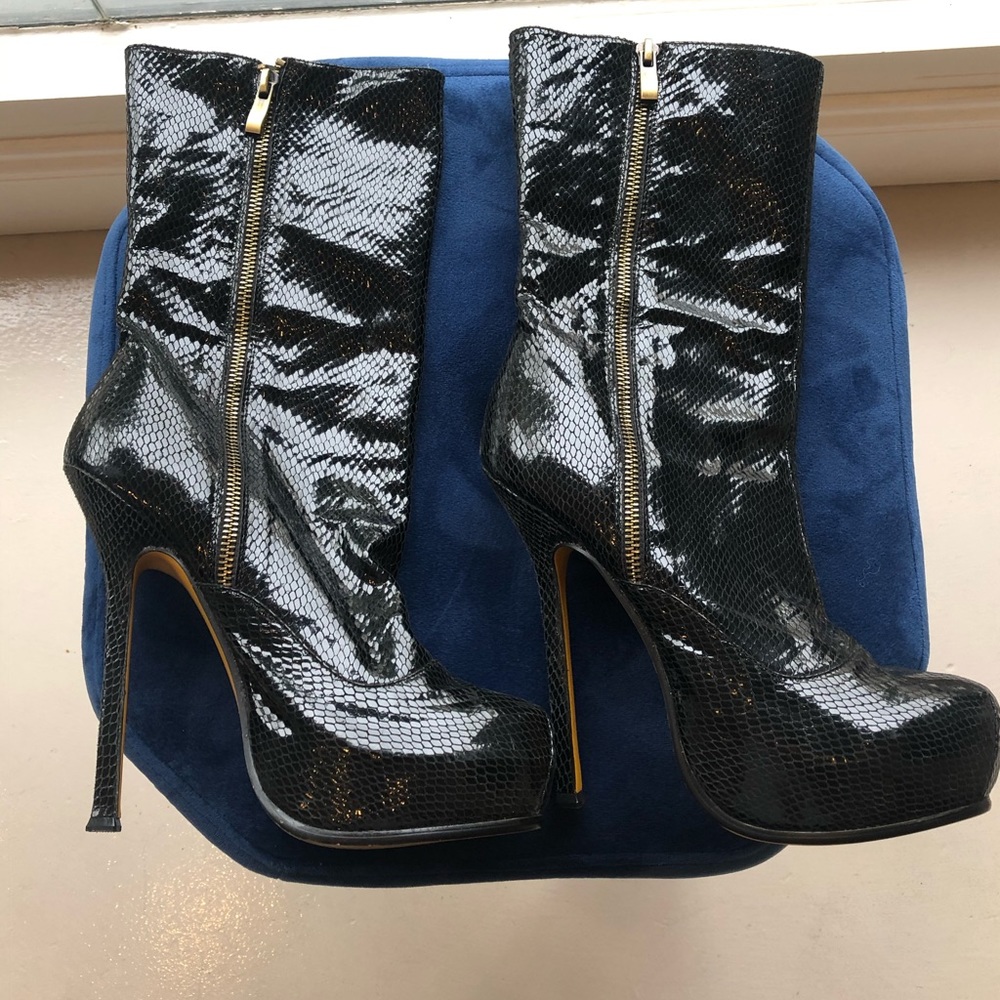 YSL black snake print stiletto boot